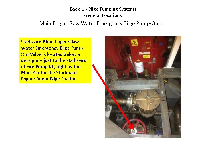 Back-Up Bilge Pumping Systems General Locations Main Engine Raw Water Emergency Bilge Pump-Outs Starboard