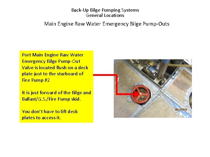 Back-Up Bilge Pumping Systems General Locations Main Engine Raw Water Emergency Bilge Pump-Outs Port