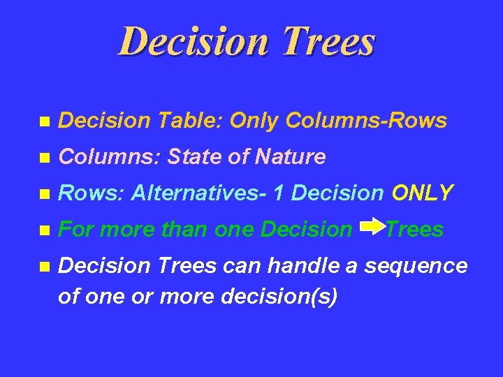 Decision Trees n Decision Table: Only Columns-Rows n Columns: State of Nature n Rows: