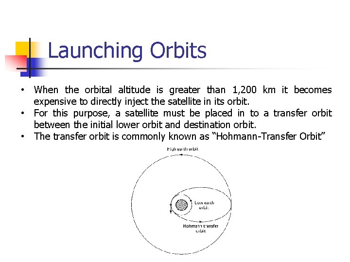 Launching Orbits • When the orbital altitude is greater than 1, 200 km it