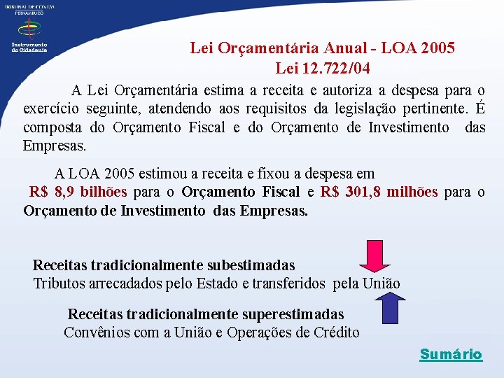 Lei Orçamentária Anual - LOA 2005 Lei 12. 722/04 A Lei Orçamentária estima a