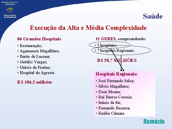 Saúde Execução da Alta e Média Complexidade 06 Grandes Hospitais 11 GERES, compreendendo: •