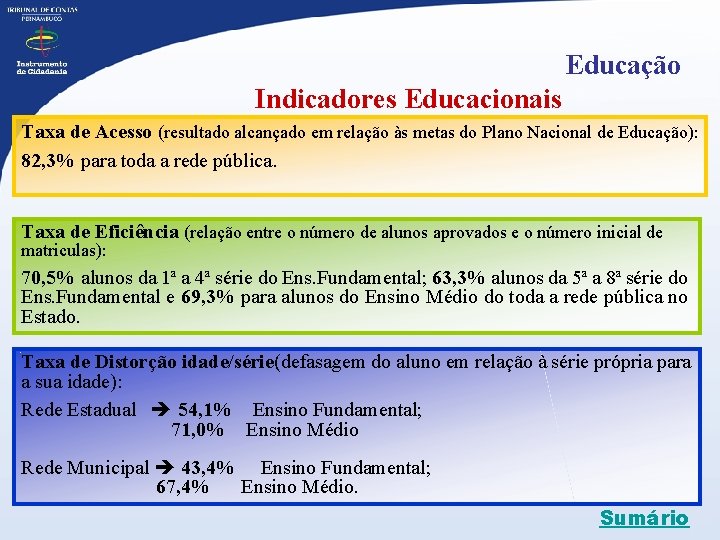 Educação Indicadores Educacionais Taxa de Acesso (resultado alcançado em relação às metas do Plano