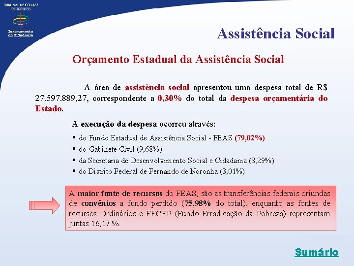 Assistência Social Orçamento Estadual da Assistência Social A área de assistência social apresentou uma