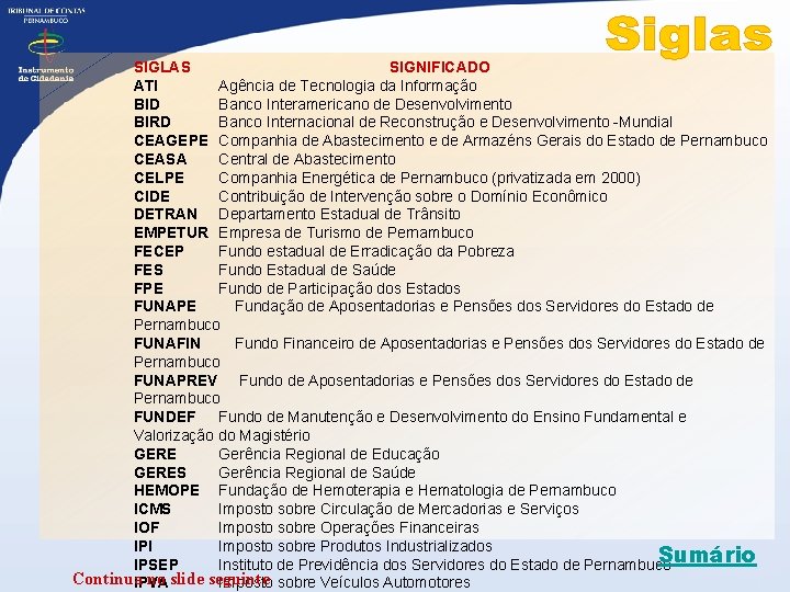 SIGLAS SIGNIFICADO ATI Agência de Tecnologia da Informação BID Banco Interamericano de Desenvolvimento BIRD
