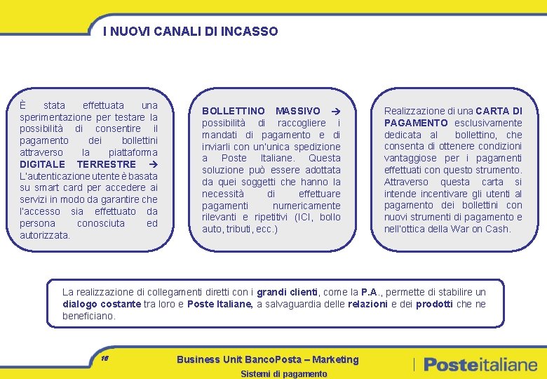 I NUOVI CANALI DI INCASSO È stata effettuata una sperimentazione per testare la possibilità