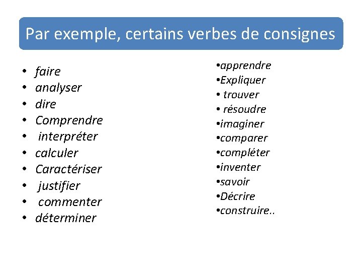 Par exemple, certains verbes de consignes • • • faire analyser dire Comprendre interpréter