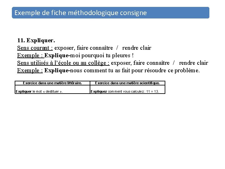 Exemple de fiche méthodologique consigne 11. Expliquer. Sens courant : exposer, faire connaître /