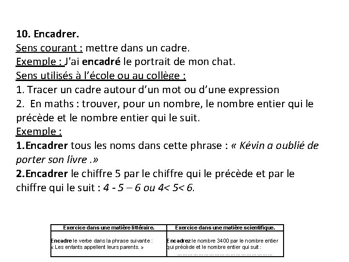 10. Encadrer. Sens courant : mettre dans un cadre. Exemple : J'ai encadré le