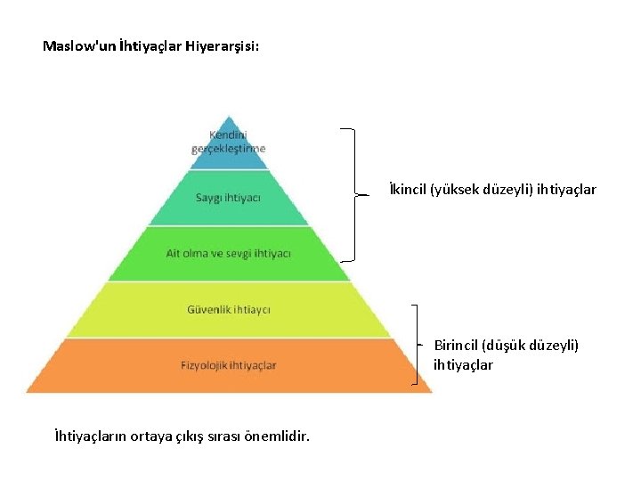 Maslow'un İhtiyaçlar Hiyerarşisi: İkincil (yüksek düzeyli) ihtiyaçlar Birincil (düşük düzeyli) ihtiyaçlar İhtiyaçların ortaya çıkış