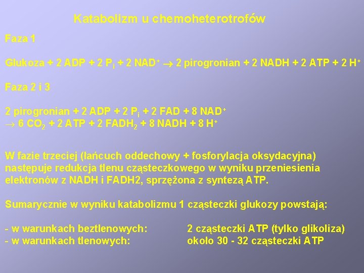 Katabolizm u chemoheterotrofów Faza 1 Glukoza + 2 ADP + 2 Pi + 2