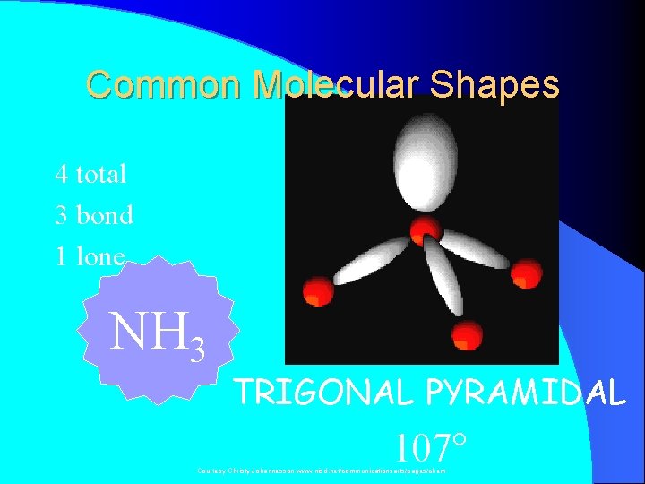 Common Molecular Shapes 4 total 3 bond 1 lone NH 3 TRIGONAL PYRAMIDAL 107°
