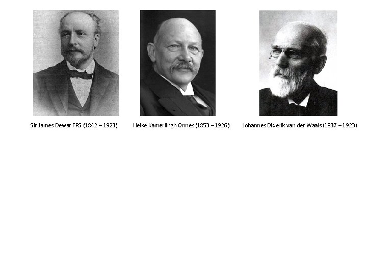 Sir James Dewar FRS (1842 – 1923) Heike Kamerlingh Onnes (1853 – 1926) Johannes
