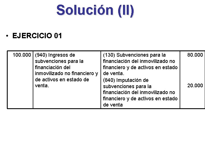 Solución (II) • EJERCICIO 01 100. 000 (940) Ingresos de subvenciones para la financiación
