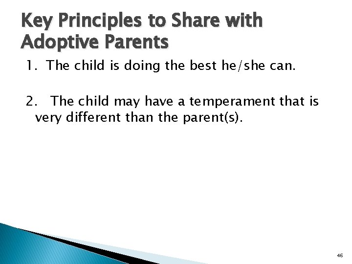 Key Principles to Share with Adoptive Parents 1. The child is doing the best