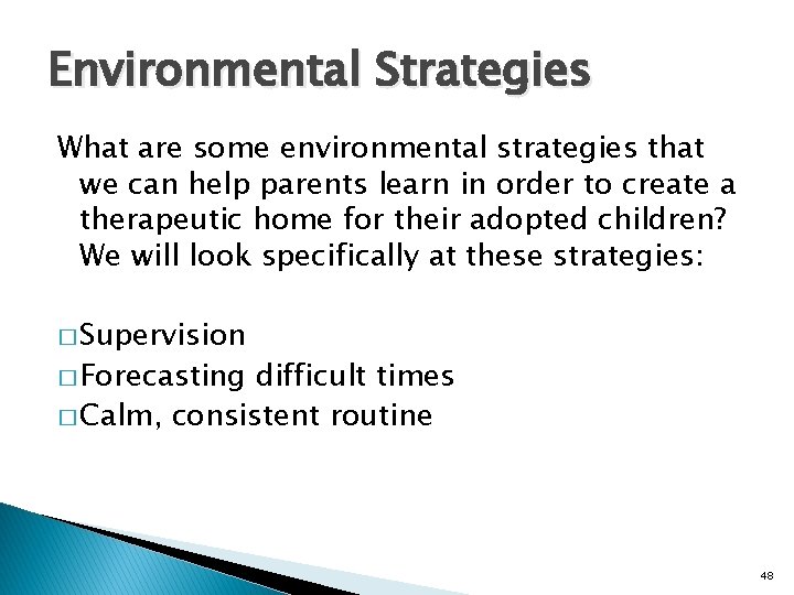 Environmental Strategies What are some environmental strategies that we can help parents learn in