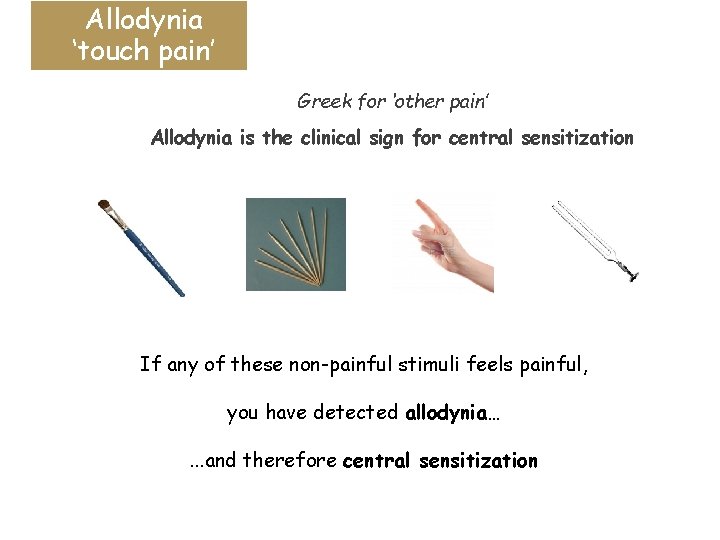 Allodynia ‘touch pain’ Greek for ‘other pain’ Allodynia is the clinical sign for central