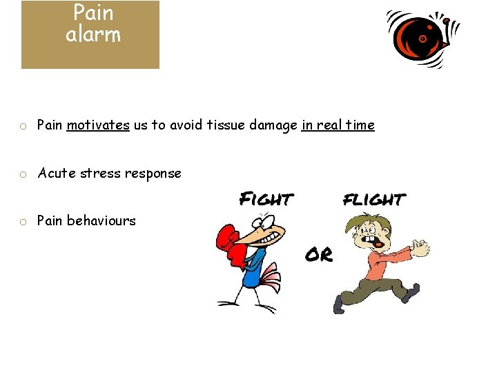 Pain alarm o Pain motivates us to avoid tissue damage in real time o