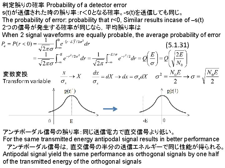 判定誤りの確率 Probability of a detector error s(t)が送信された時の誤り率：r＜ 0となる確率。-s(t)を送信しても同じ。 The probability of error: probability that