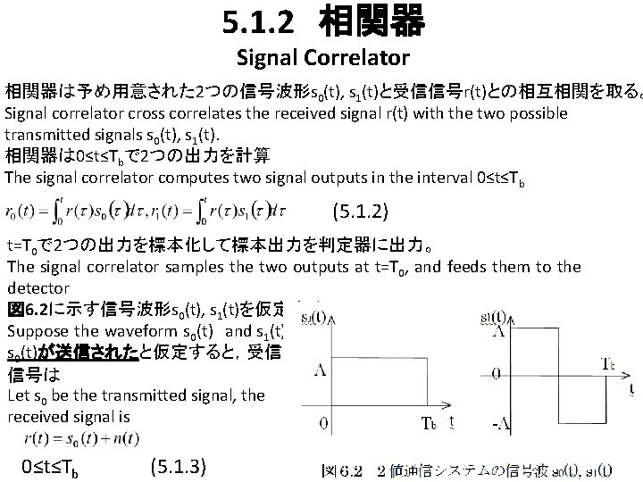 5. 1. 2　相関器 Signal Correlator 相関器は予め用意された 2つの信号波形s 0(t), s 1(t)と受信信号r(t)との相互相関を取る。 Signal correlator cross correlates