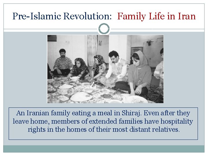 Pre-Islamic Revolution: Family Life in Iran An Iranian family eating a meal in Shiraj.