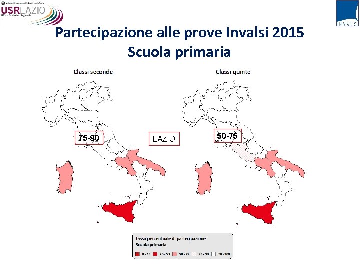 Partecipazione alle prove Invalsi 2015 Scuola primaria 75 -90 LAZIO 50 -75 