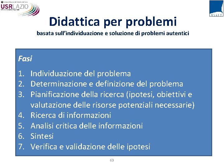Didattica per problemi basata sull’individuazione e soluzione di problemi autentici Fasi 1. Individuazione del