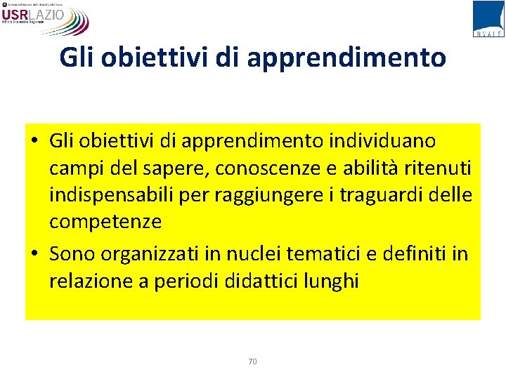 Gli obiettivi di apprendimento • Gli obiettivi di apprendimento individuano campi del sapere, conoscenze