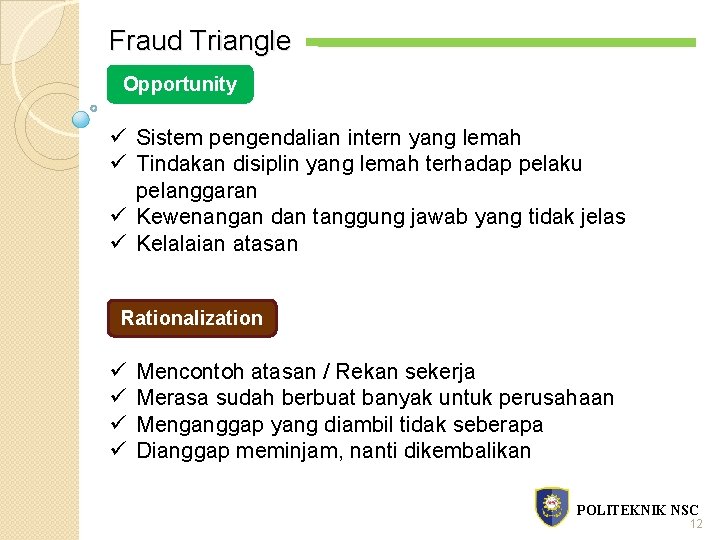 Fraud Triangle Opportunity ü Sistem pengendalian intern yang lemah ü Tindakan disiplin yang lemah