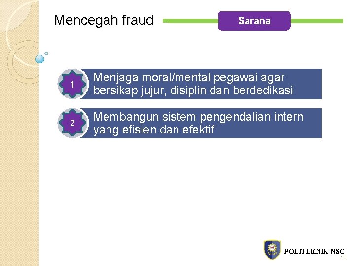 Mencegah fraud Sarana 1 Menjaga moral/mental pegawai agar bersikap jujur, disiplin dan berdedikasi 2