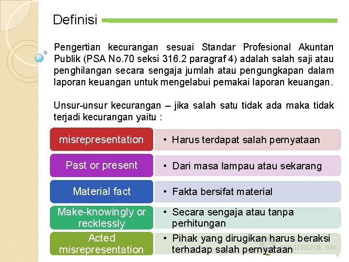 Definisi Pengertian kecurangan sesuai Standar Profesional Akuntan Publik (PSA No. 70 seksi 316. 2