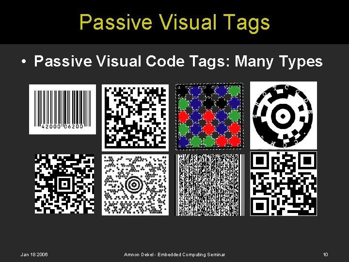 Passive Visual Tags • Passive Visual Code Tags: Many Types Jan 18 2006 Amnon