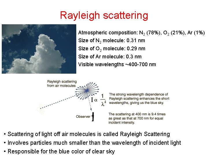 Rayleigh scattering Atmospheric composition: N 2 (78%), O 2 (21%), Ar (1%) Size of Rayleigh scattering Atmospheric composition: N 2 (78%), O 2 (21%), Ar (1%) Size of