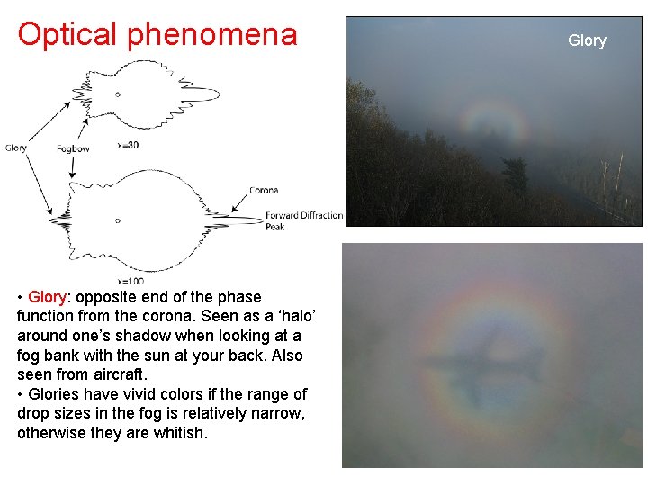 Optical phenomena • Glory: opposite end of the phase function from the corona. Seen