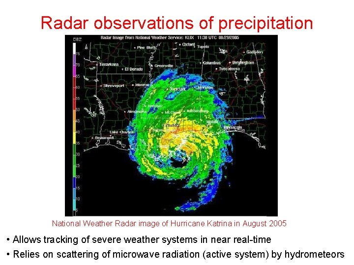Radar observations of precipitation National Weather Radar image of Hurricane Katrina in August 2005 Radar observations of precipitation National Weather Radar image of Hurricane Katrina in August 2005