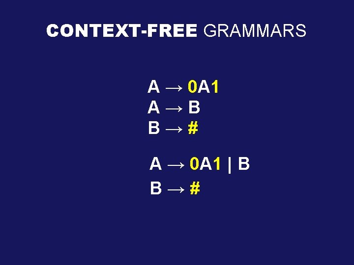 CONTEXT-FREE GRAMMARS A → 0 A 1 A→B B→# A → 0 A 1