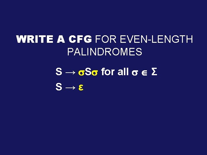 WRITE A CFG FOR EVEN-LENGTH PALINDROMES S → S for all Σ S→ε 