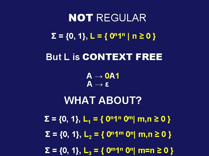 NOT REGULAR Σ = {0, 1}, L = { 0 n 1 n |