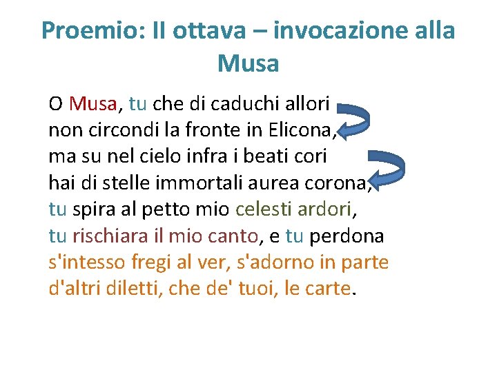 Proemio: II ottava – invocazione alla Musa O Musa, tu che di caduchi allori