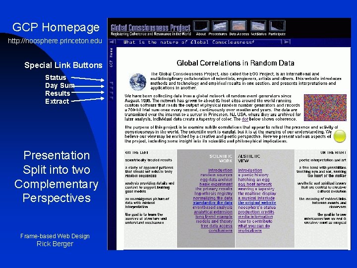GCP Homepage http: //noosphere. princeton. edu Special Link Buttons Status Day Sum Results Extract