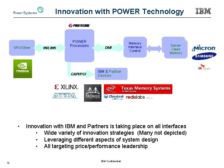 Innovation with POWER Technology GPU/Other NVLINK POWER Processors CAPI/PCI • 12 DMI Memory Interface