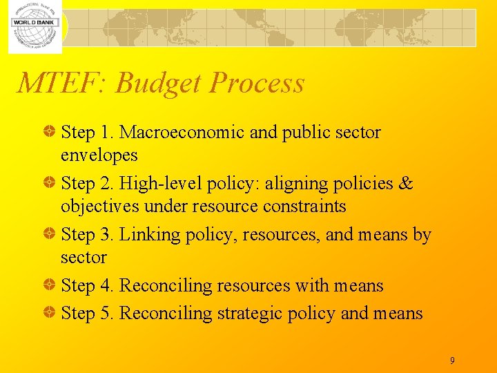 MTEF: Budget Process Step 1. Macroeconomic and public sector envelopes Step 2. High-level policy: