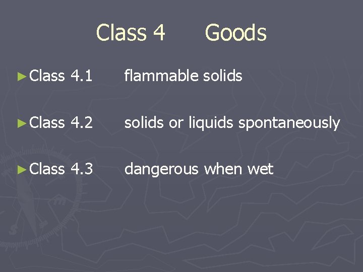 Class 4 Goods ► Class 4. 1 flammable solids ► Class 4. 2 solids