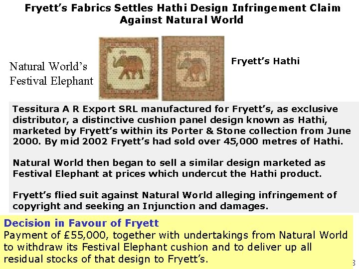 Fryett’s Fabrics Settles Hathi Design Infringement Claim Against Natural World’s Festival Elephant Fryett’s Hathi