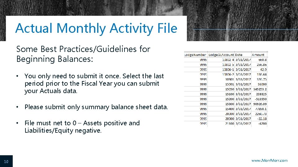 Actual Monthly Activity File Some Best Practices/Guidelines for Beginning Balances: • You only need