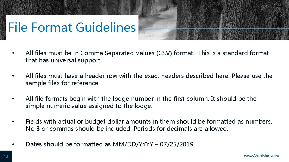 File Format Guidelines 13 • All files must be in Comma Separated Values (CSV)