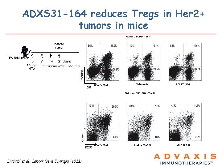 ADXS 31 -164 reduces Tregs in Her 2+ tumors in mice Gated on CD