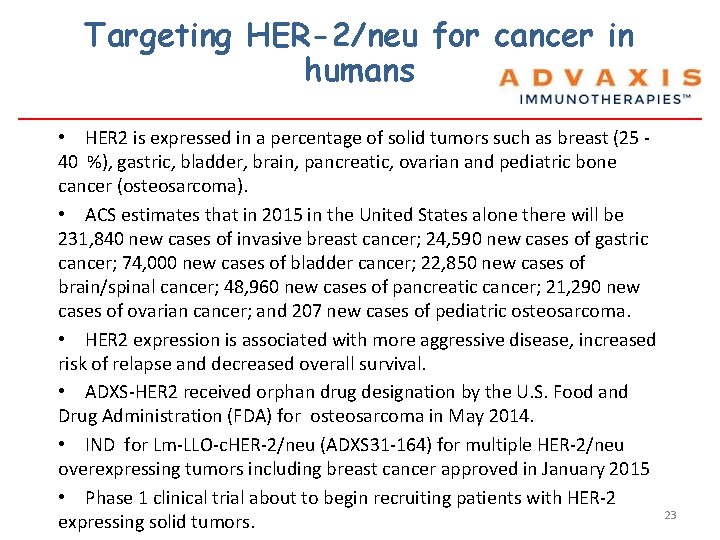 Targeting HER-2/neu for cancer in humans • HER 2 is expressed in a percentage