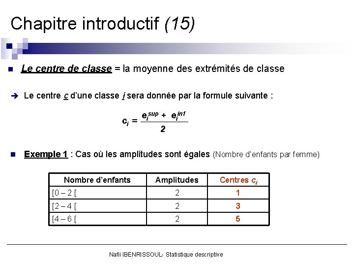 Chapitre introductif (15) n Le centre de classe = la moyenne des extrémités de