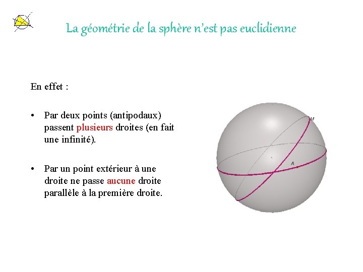 La géométrie de la sphère n’est pas euclidienne En effet : • Par deux